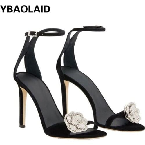 Open Toe Rhinestone Flowers Black Sexy All-match High Heels New Fashion Catwalk One-word Buckle Strap Hollow Stiletto Sandals