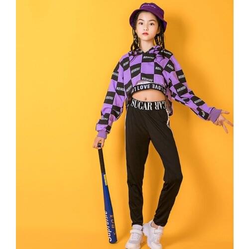 Hip Hop Dance Costumes Girls Street Dancing Clothes Modern Stage Outfit Performance Wear Children Fashion Plaid Hoodie DNV12174