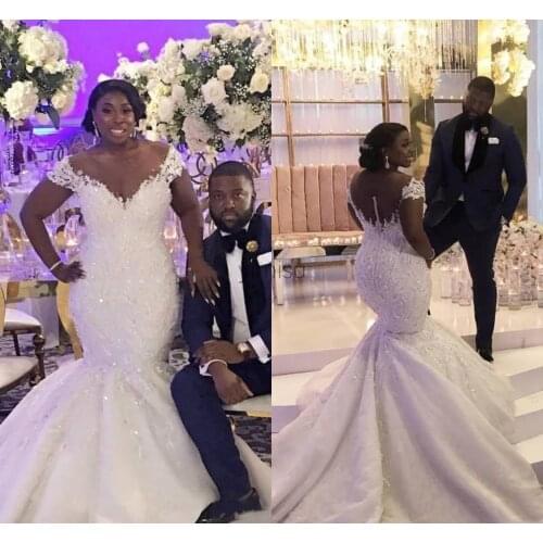 African Mermaid Wedding Dresses Sheer Neck Illusion Bodice Appliques Beads Crystal Country Plus Size Bridal Gowns vestidos de