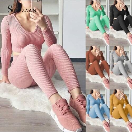 Knitted Hooded Top Set Spring V-neck Long Sleeve Crop Top and Leggings Set Female 2 Piece Outfits Slim Elegant Knit Matching Set