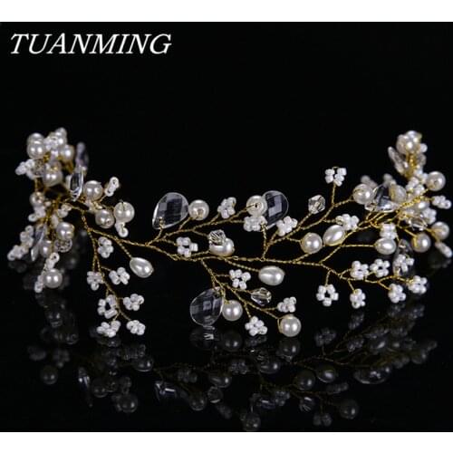 Bride Crystal Headband Pearl Headdress Wedding Hair Accessories Gold Women Crystal Headband Decorations on the Head