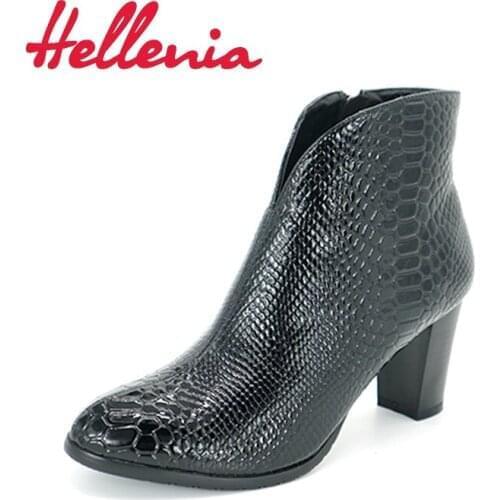 Hellenia 2019 Top Fashion Pointed Toe Animal Snake Print Ankle Boot Hoof High Heels Short Boots Fleeces Lining Women boots lady
