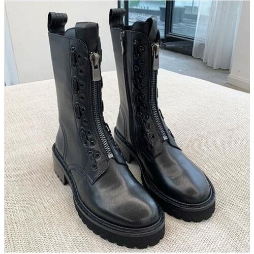 New Women Leather Ankle Boots Women Autumn Winter Round Toe Lace Up Shoes Woman Fashion Motorcycle Platform Botas