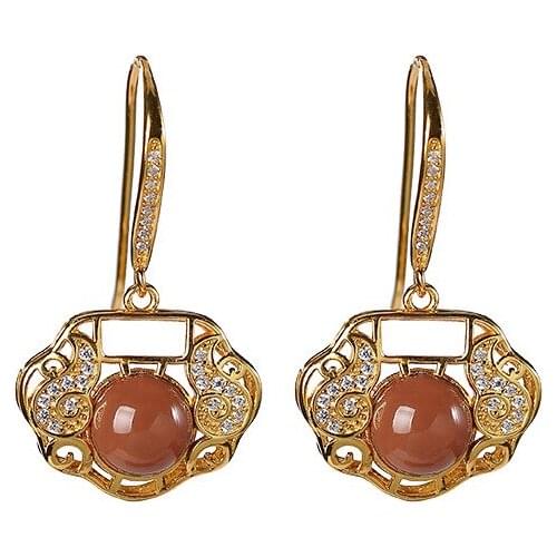 S925 sterling silver gold-plated southern red agate earrings retro hollow Ruyi womens ear hook earrings
