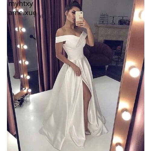 Elegant Boat Neck Off The Shoulder Sleeveless A-line 2020 High Satin Pure White Evening Dresses Simple Style Women Prom Gowns