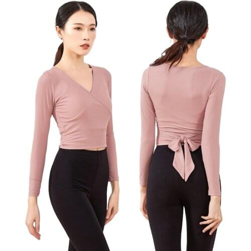 Women Sexy V Neck Yoga Dress Modal Belly Dance Practice Top Blouse Long Sleeve Latin Dance Wear Lacing Back Modern Dance Garment