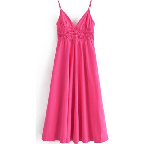 Women V Neck Pink Color Midi Dress Fashion Sleeveless Backless Sundress Female Casual Solid Color Spaghetti Strap Dress