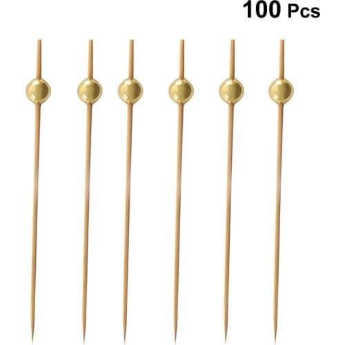 100Pcs 12 cm Cocktail Picks Creative Handmade Round Beads Appetizer Picks Fruit Toothpicks Party Supplies (Golden)