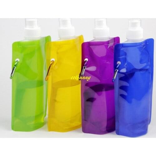 1000pcs/lot 480ml Folding Bag with Carabiner Portable Camping Outdoor Sport Collapsible Drinking Water Bottles F03