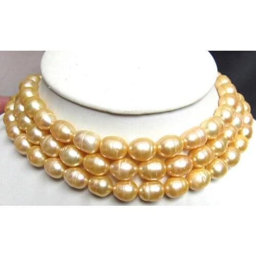 3 rows 11-12mm south sea gold braoque pearl necklace 18"19"20" KKK