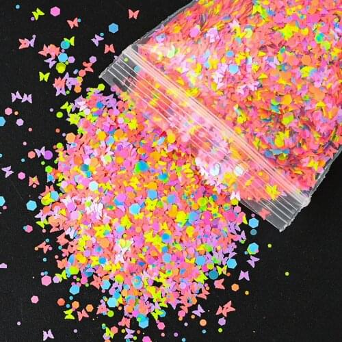500g/Bag Butterfly/Round/Hexagon Fluorescent Mixed Nail Art Glitter Sequins Nail Neon Flakes Acrylic Paillette For 3D Decoration