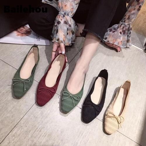 Bailehou Women Flats Ballet Shoes Breathable Knitted Round Toe Shallow Flat Ballerina Fashion Bow-knot Slip On Loafers Shoes
