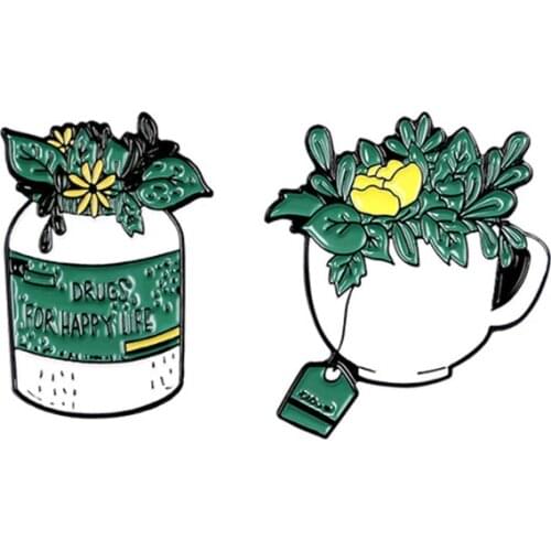 Medicine bottle Cup shape pin Green Enamel Fresh flowers plant brooch happy life Farewell Lovers Break up gift badge