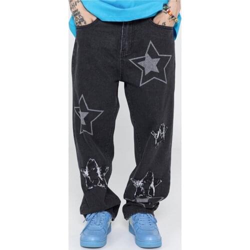Men Jeans Hip Hop Style Jeans Men Harajuku Streetwear Star Distressed Cotton Pants Japan Style Casual Mens Jeans Women Trousers
