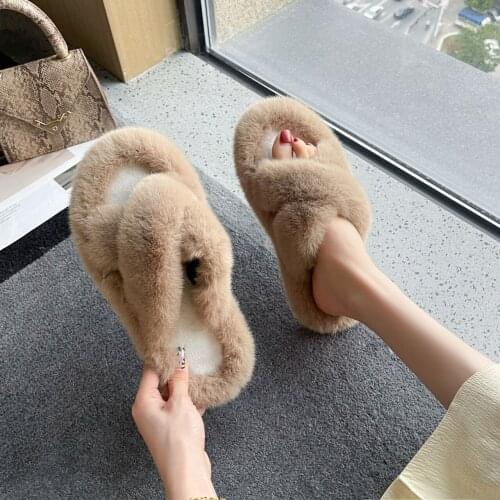 Furry Slippers Women Ladies Shoes Cute Plush Fox Hair Fluffy Sandals Indoor Home Fur Slippers Winter Warm Slippers Women Size 40