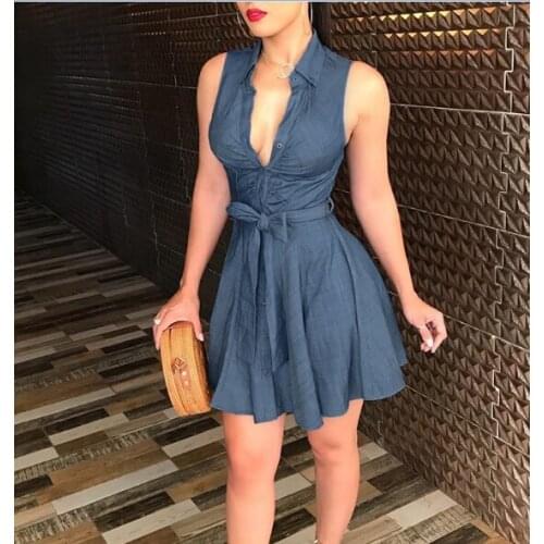 Fashion Women Bandage Dress OL Pleated Brief Sexy Cool Sleeveless Denim Blue Deep V Neck Button Dress Party Short Mini Dress