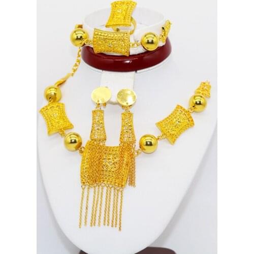 Conjuntos de joias etíopes africanas 24k ouro para mulheres presentes de casamento dubai noiva colar brincos anel conjunto colar