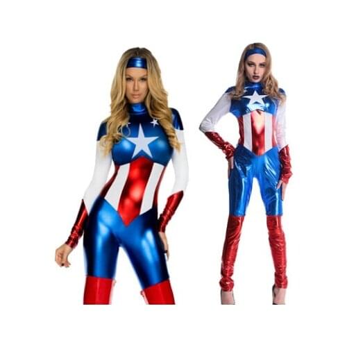 2021 New Costume Hero Cosplay Women Skinny Suit Ladies Captain Play Movie Costume Cartoons Print Jumpsuit Breathable