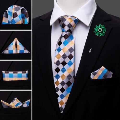 Blue Novelty Silk Men Tie Crystal Brooches Handkerchief Cufflinks Set Neck Tie For Men Wedding Party Business Barry.Wang Gravat