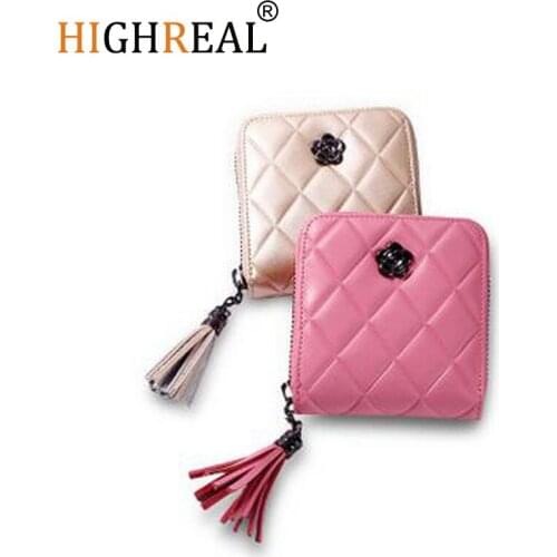 HIGHREAL New Arrival Womens Genuine Leather Short Wallet Tassel Zipper Purse Plaid Womens Wallet Coin Pocket J51