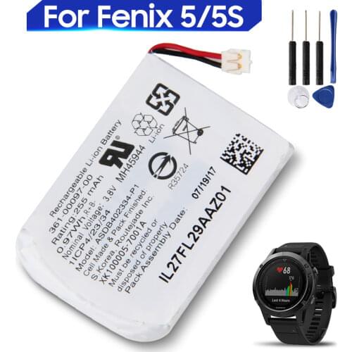 Original Replacement Battery For Garmin Fenix 5 Fenix 5S 361-00097-00 361-00096-00 Genuine Battery 255mAh