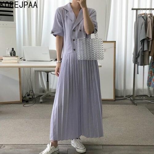 Korejpaa Women Dress 2021 Summer Korean Chic Ladies Retro Gentle Suit Collar Double-Breasted Stitching Loose Pleated Vestidos