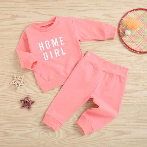 0-3 Y Baby Casual Spring Autumn Two-piece Clothes Set Letters Printed Pattern Round Collar Pullover Tops and Pants Grey/ Pink
