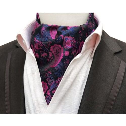 Luxury Men Ascot Wedding Party Formal Cravat Blue with Rose Red Classic Paisley Pattern