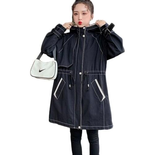2021 New Extra-Large Women Windbreaker Spring Autumn Loose Long Trench Coat Quality Womens Casual Hooded Parka Overcoat 100KG