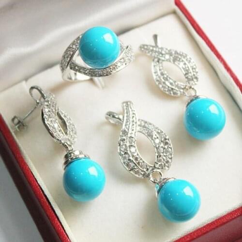 Womens Wedding Hot! nice new jewelry Ms. plated + 12mm blue pendant, earring, , ring set real Ms.-jewelrynoble ladys