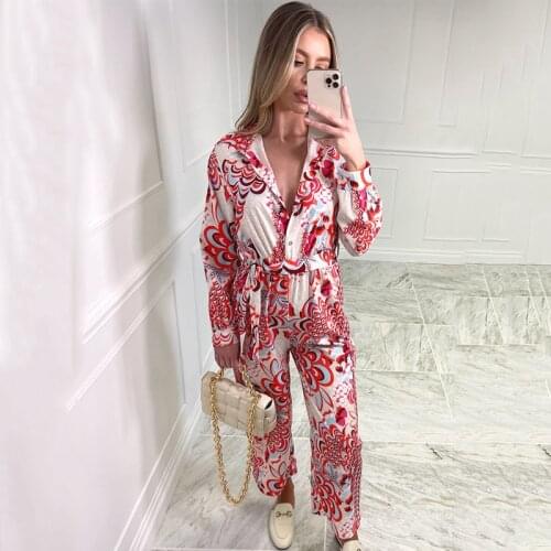 Ardm Fashion Floral Print V Neck Lace Up Jumpsuits Vintage Long Sleeve Wide Leg Jumpsuit Women 2021 Street Style Playsuits