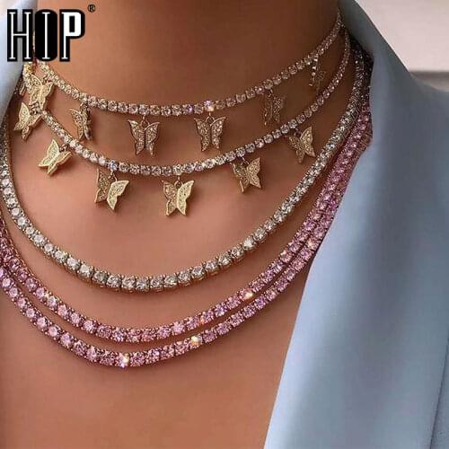 Hip Hop 2pcs kit Adjustable 4mm 32cm+15cm Tennis Chain With Butterfly Pendant CZ Cubic Zirconia Stones Necklace For Men Jewelry
