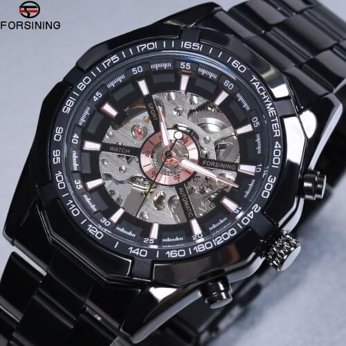 Forsining 2021 Black Stainless Steel Waterproof Military Sport Casual Mechanical Wrist Watch Mens Watch Top Brand Luxury Clock