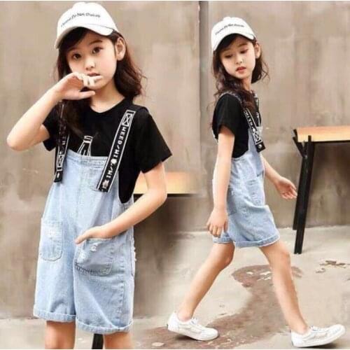 2021 Summer Children teenager T-shirt + Denim Overalls pant Kids Outfits Casual Girls Clothes Tracksuit 6 8 10 12 5 4 7 11 Years