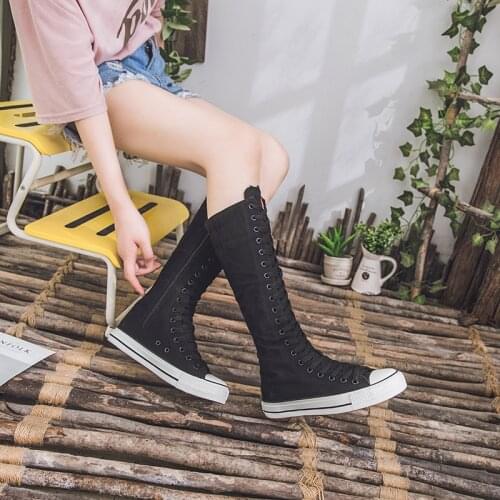 Spring Autumn Women Shoes Canvas Casual High Top Shoes Long Boots Lace-Up Zipper Comfortable Flat Boots Sneakers Size 34-43