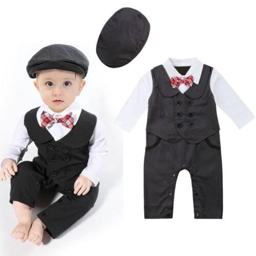 Newborn Infant Baby Boys Romper Formal Suit Party Wedding Tuxedo Gentleman Set Double Breasted Jumpsuit Hats Set Outfit 0-24M