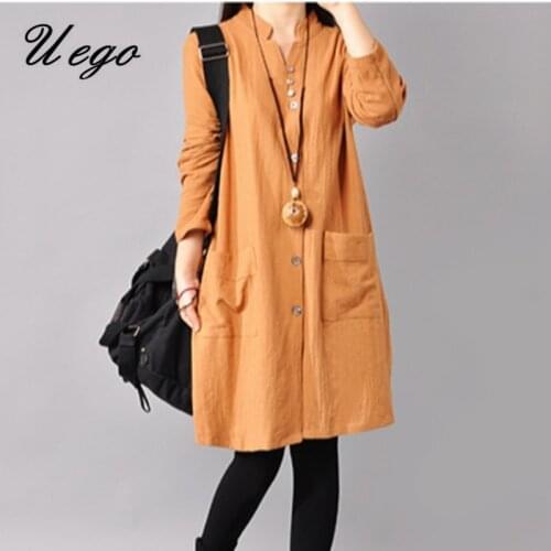 Uego V-neck Button Short Fashion Blouse Dress Cotton Long Sleeve Loose Vintage Spring Dress Pocket Women Autumn Casual Dress