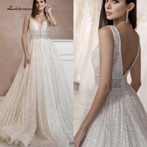 Lakshmigown Bling Bling Open Back A Line Wedding Dress 2020 Vestidos de Novia Sexy Bridal Gown Plunging Wedding Gowns Long Train