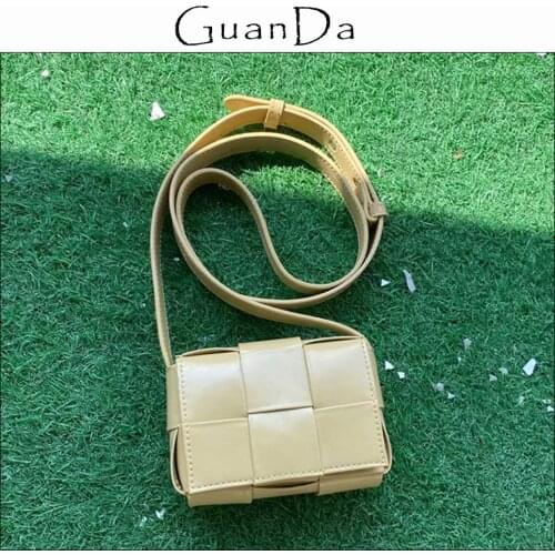Fashion Small Cassette Waxy Shining Leather Womens Bag Mini Crossbody Lady Weave Messenger Bag Wide Strap Shoulder HandBag