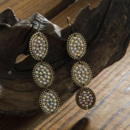New Arrival European and American Creative Colorful Gypsophila Long Oval Earrings Vintage Bronze and Diamond Earrings