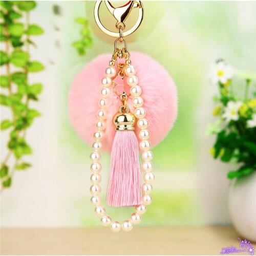 Original New Fluffy Pompom Faux Rabbit Fur Ball Keychain Women Tassel Peal Beads Pompon Clover Key Chain Bag Car key ring Gift