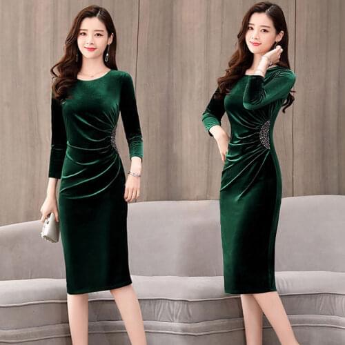 Autumn Women Dresses velvet O-neck Asian Size Dresses Long Sleeve Winter Party Female Dresses Korean Style Elegant Clothing