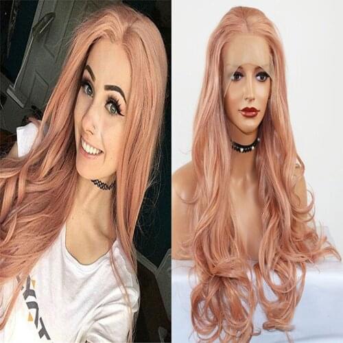 Bombshell Loose Body Wave Synthetic Lace Front Wig Mix Rose Gold Pink Color Heat Resistant Fiber Hair Middle Parting For Women