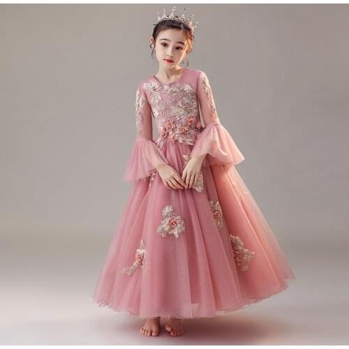 Flower Girls Dresses Appliques Embroidery Crystal Soybean pink O-Neck Pearls Princess Tulle Ball Gown Tiered Floor-Length D185