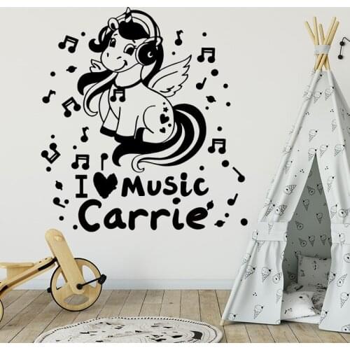 Custom Name Unicorn Love Music Heart Wall Sticker Baby Nursery Personalized Name Horse Earphone Wall Decal Kids Room Vinyl Decor