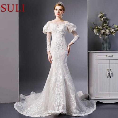 SL-6101 Luxury embroidery lace puff sleeves mermaid wedding dress bridal wedding gowns 2019