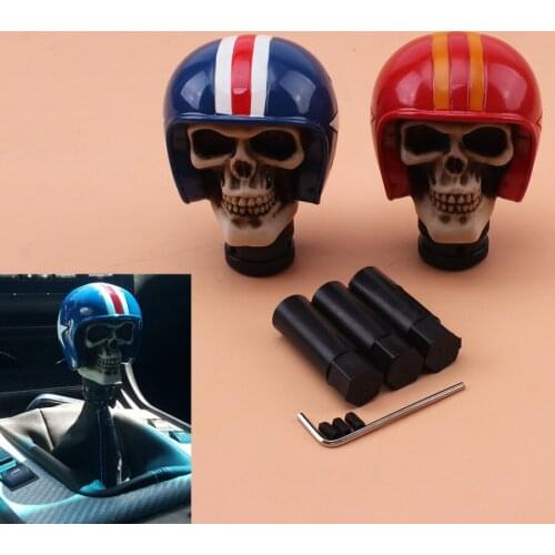 Red/Blue Car Truck Skull Helmet Style Gear Knob Handle Gear Shift Knob Manual Shifter Shift Lever Knob Handbrake Cover 1set