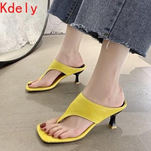 New Summer Womens Sandals Fashion Square Toe High Heels Flip Flops Female Clip Toe Shoes Outdoor Beach Ladies Sandalia Mujer