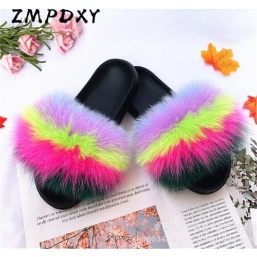 Kids/Childrens Raccoon Fur Slides Womens Real Fox Fur Slippers Fluffy Open Toe Fur Sandals Ladies Furry Flip Flops Plush Shoes