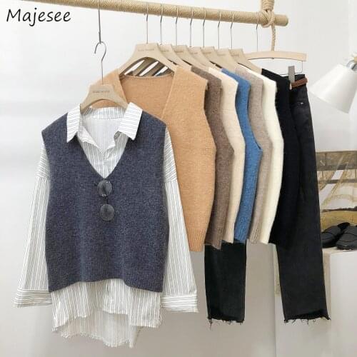 Sweater Vest Women Solid Soft Warm Leisure Minimalist Simple Spring Fall All-match Knitting V-Neck Sleeveless Sweaters Femme New